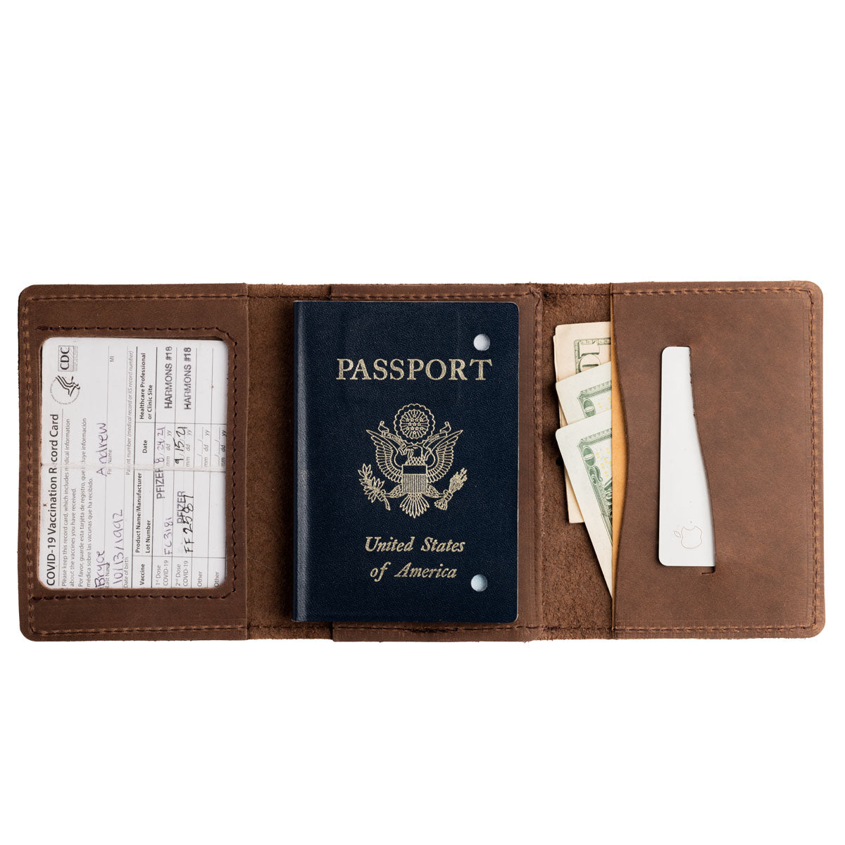 Leather bifold passport holder with embroidered logo